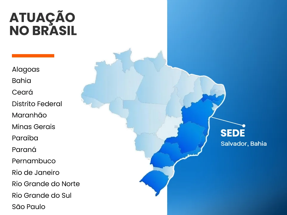 Mapa das regiões brasileiras atendidas pela inoviT, com sede em Salvador, Bahia